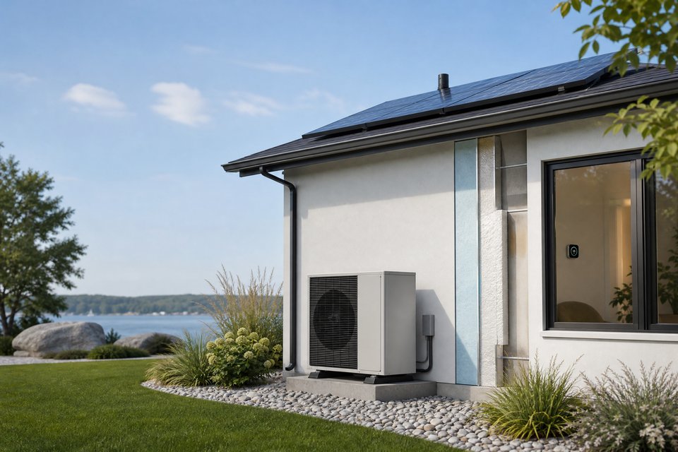 Energy-efficient home with solar panels and heat pump
